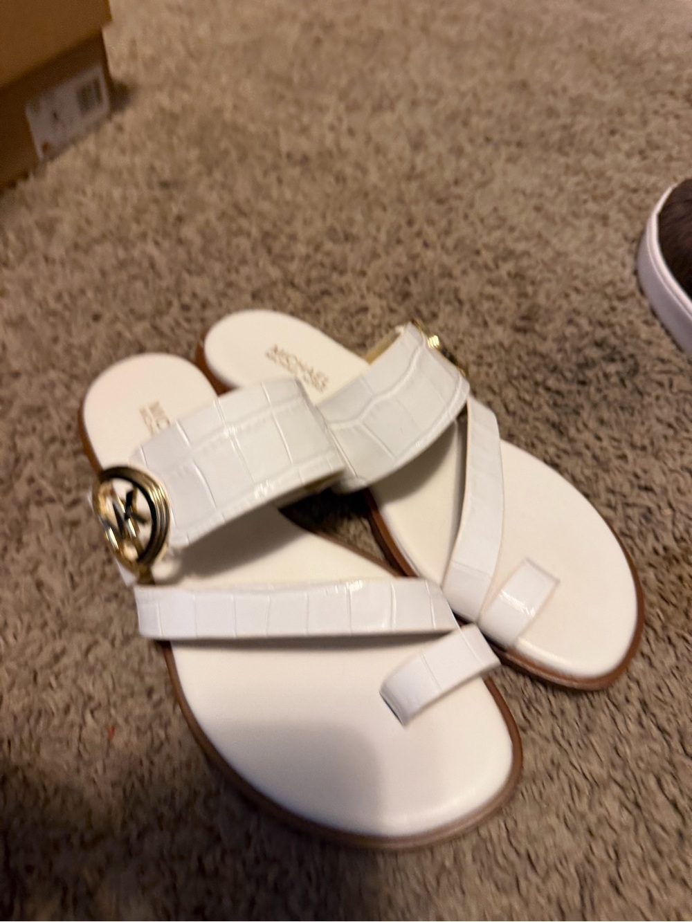 Michael Kors White Croc-Embossed Toe-Ring Slide Sandals with Gold Logo